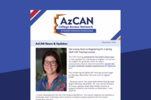 AzCAN newsletter cover with a woman's photo, updates on CAP training, financial aid, and career development in Arizona