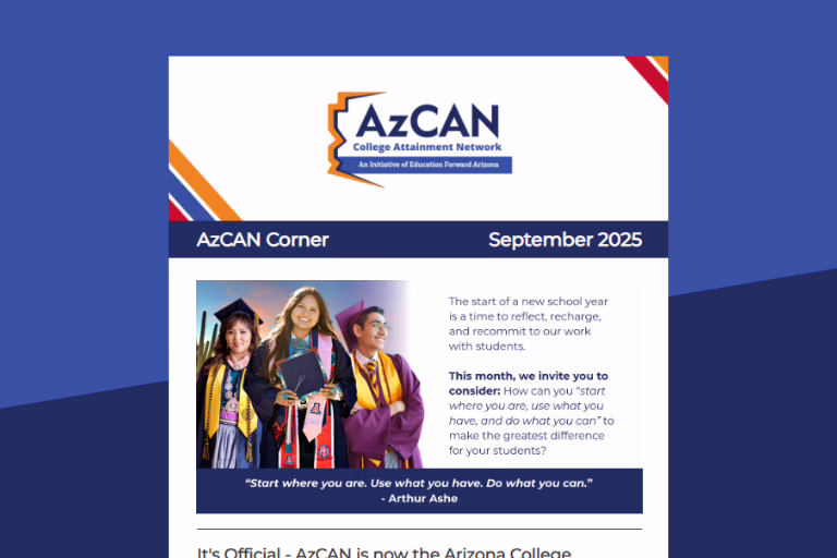 AzCAN newsletter cover featuring three graduates in caps and gowns, with a quote by Arthur Ashe about starting where you are