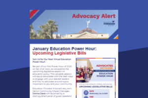 Advocacy Alert banner with Arizona Capitol dome. Text: "January Education Power Hour: Upcoming Legislative Bills