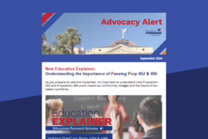 Advocacy Alert banner with Arizona Capitol, text about the importance of passing Prop 402 & 486 for education, September 2024