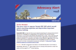 Advocacy alert for opposing Senate Bill 1465 affecting literacy training, with a call to action for February 2024