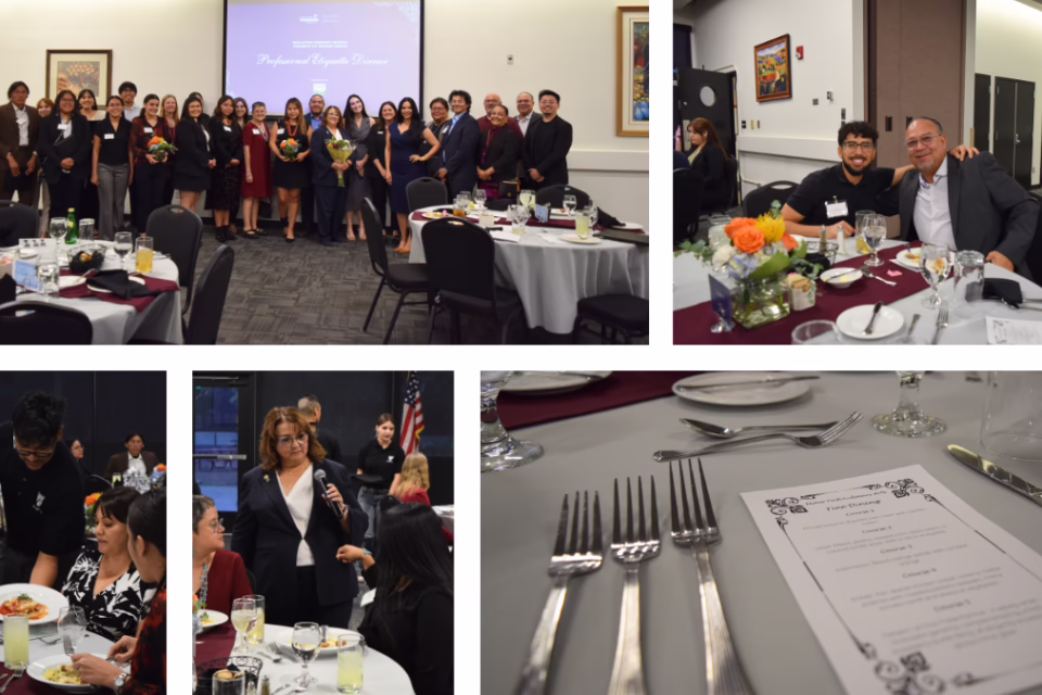 Collage of an etiquette dinner event with attendees, table settings, and a menu, hosted by Education Forward Arizona