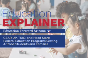 Children playing with text overlay: "Education Explainer, Education Forward Arizona, GEAR UP, TRIO, Head Start programs in...
