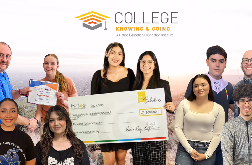 Group of people holding certificates and a large check, with "College Knowing & Going" logo above. Arizona education theme