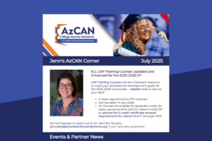 AzCAN newsletter header with a smiling graduate, training course details, and contact info for Dr. Jennifer Murphy