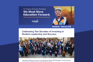 Banner with text "We Must Move Education Forward" and a group photo of people under the headline about student leadership