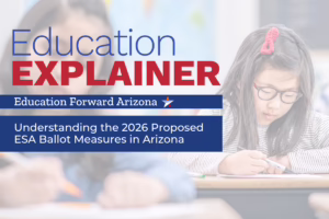 Graphic titled “Education Explainer” from Education Forward Arizona, with subtitle “Understanding the 2026 Proposed ESA Ballot Measures in Arizona.” The image shows elementary students working in a classroom.
