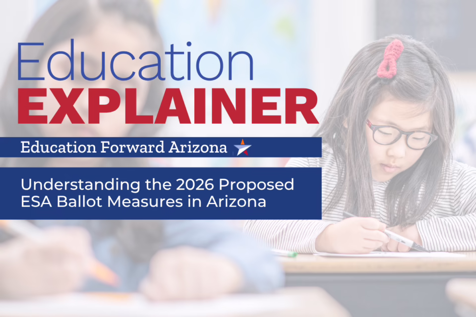 Graphic titled “Education Explainer” from Education Forward Arizona, with subtitle “Understanding the 2026 Proposed ESA Ballot Measures in Arizona.” The image shows elementary students working in a classroom.