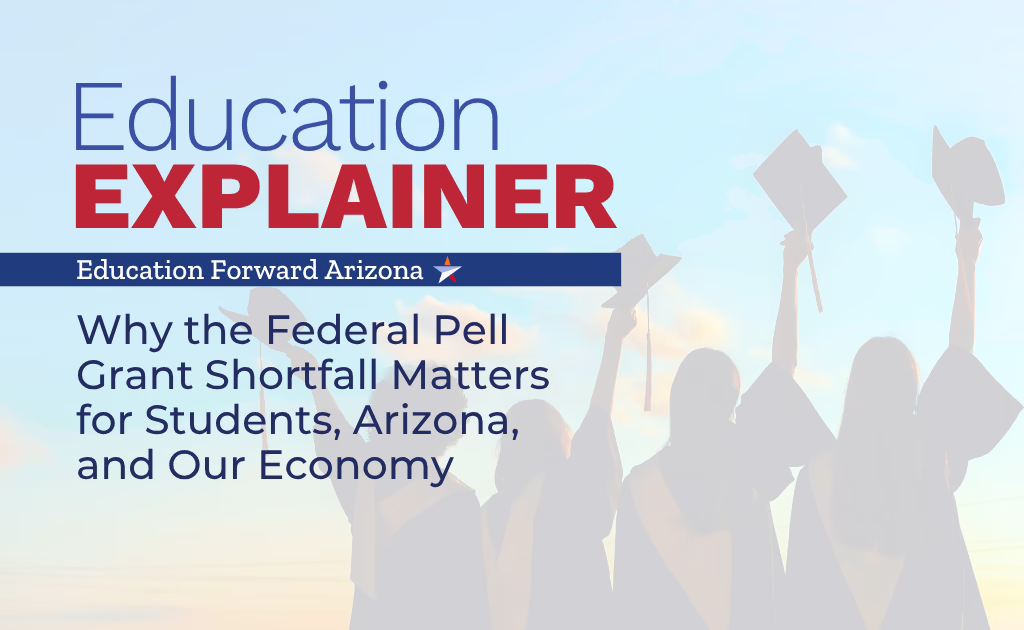 Cover image for an Education Forward Arizona Education Explainer titled, “Why the Federal Pell Grant Shortfall Matters for Students, Arizona, and Our Economy.” The graphic features silhouettes of graduating students holding caps in the air against a light blue sky background, with the Education Forward Arizona logo and the title displayed prominently in blue and red text.