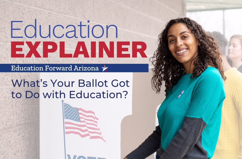 Graphic for Education Forward Arizona’s “Education Explainer” featuring a smiling voter at a polling location beside the text, “What’s Your Ballot Got to Do with Education?”